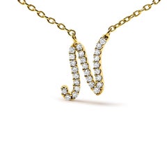 10K Yellow Gold Diamond Accent "N" Initial Script Style Pendant Necklace