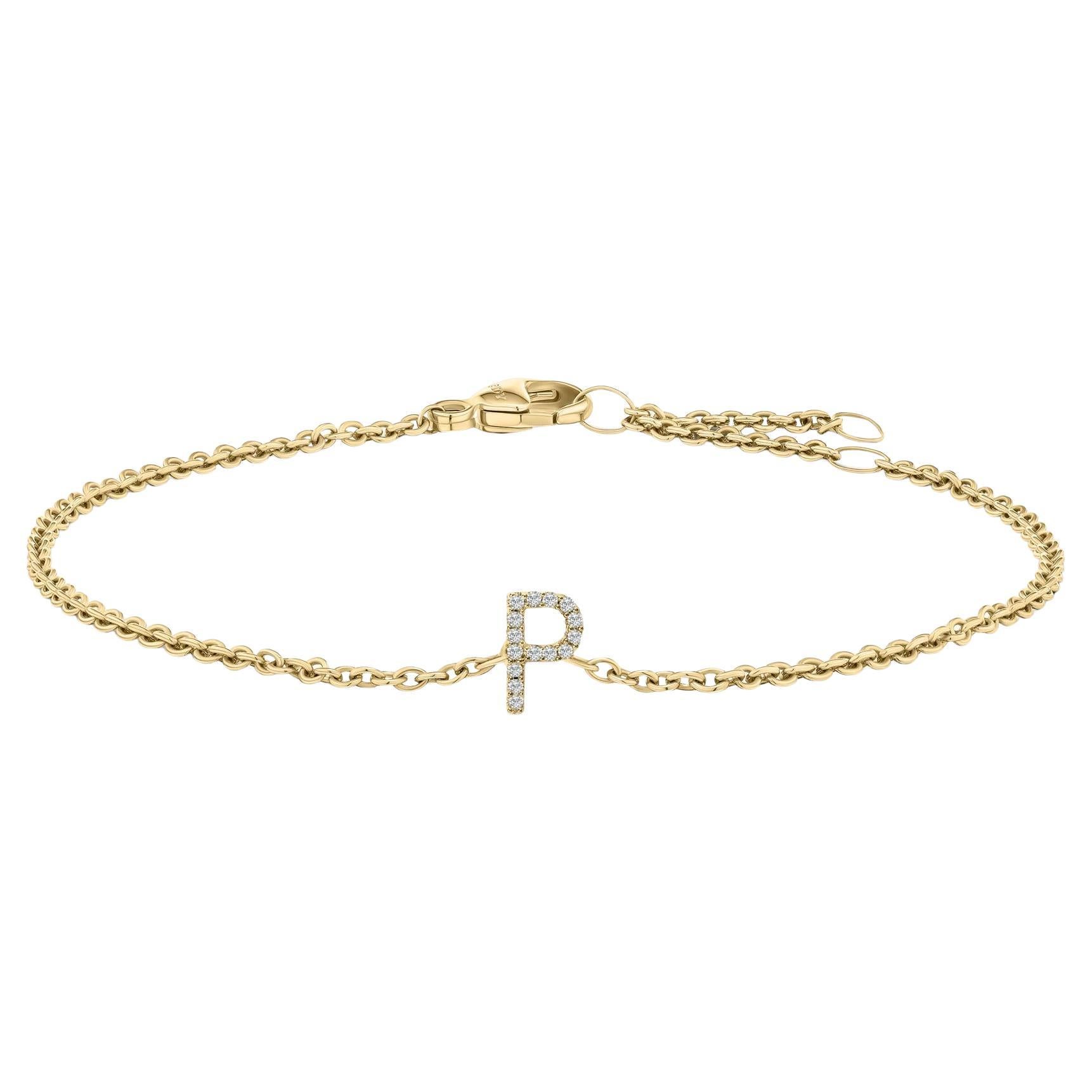 10K Yellow Gold Diamond Accent "P" Initial Charm and Link Bracelet