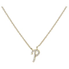 10K Yellow Gold Diamond Accent "P" Initial Script Style Pendant Necklace