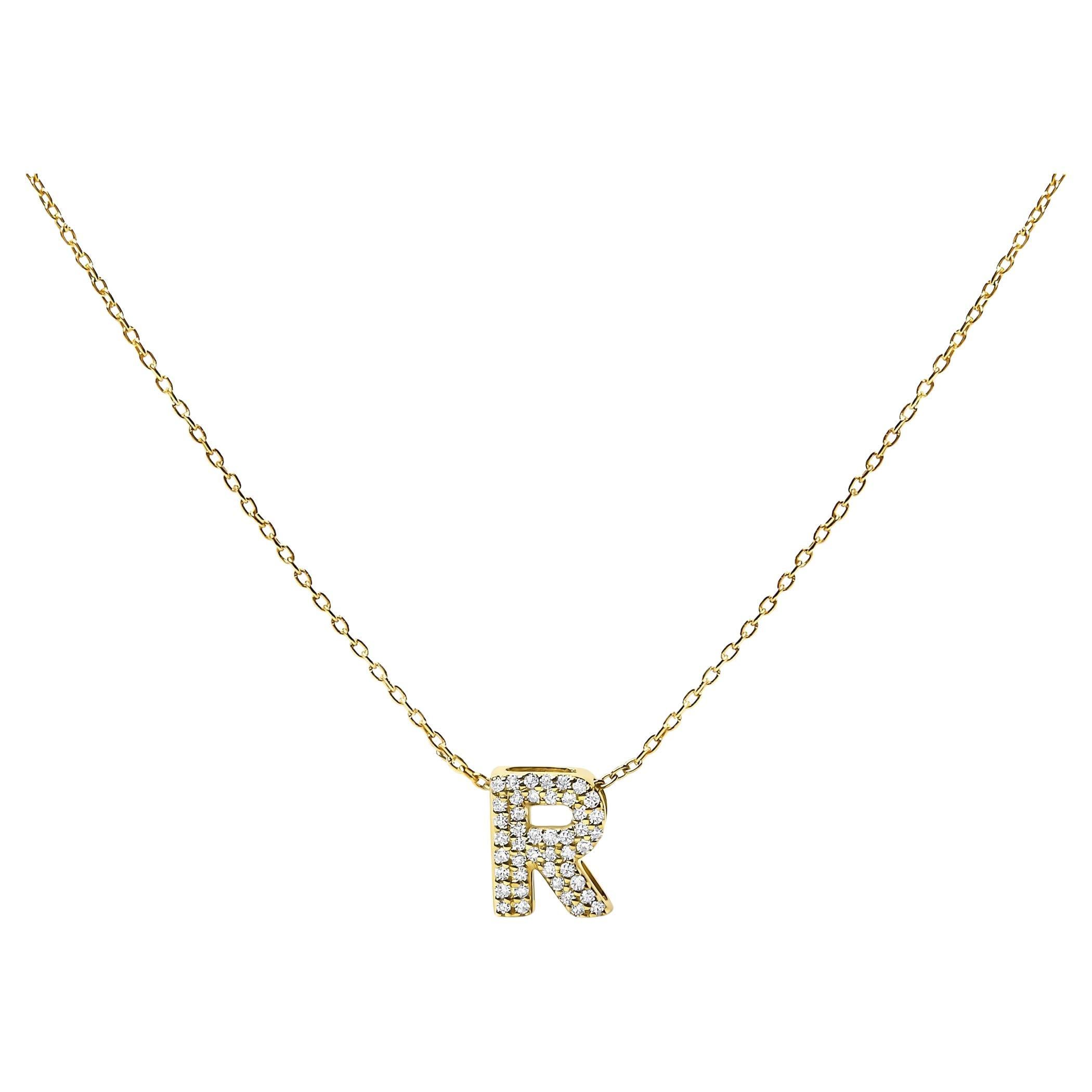 10K Yellow Gold Diamond Accent "R" Initial Bubble Pendant Necklace