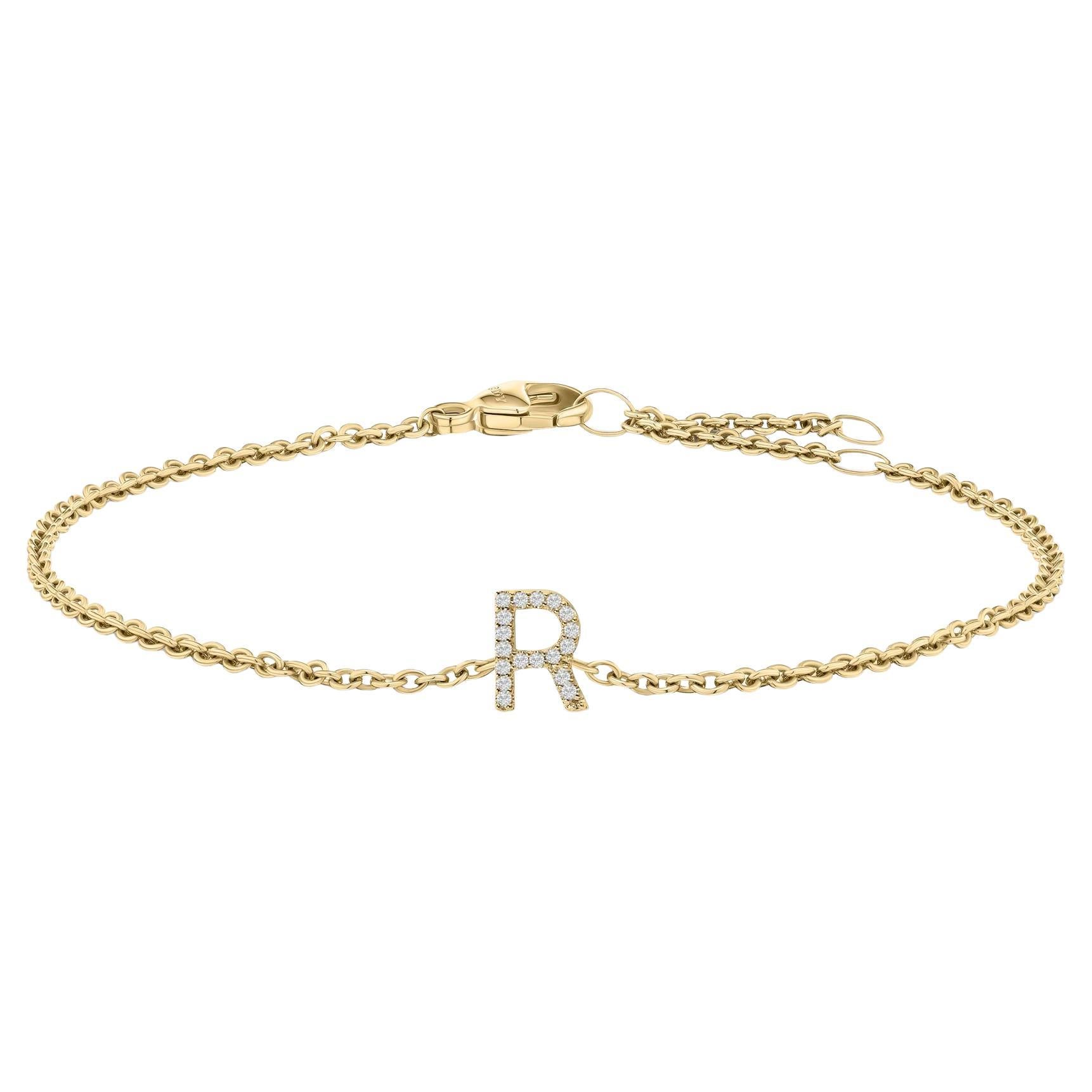 10K Yellow Gold Diamond Accent "R" Initial Charm and Link Bracelet