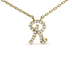 10K Yellow Gold Diamond Accent "R" Initial Script Style Pendant Necklace