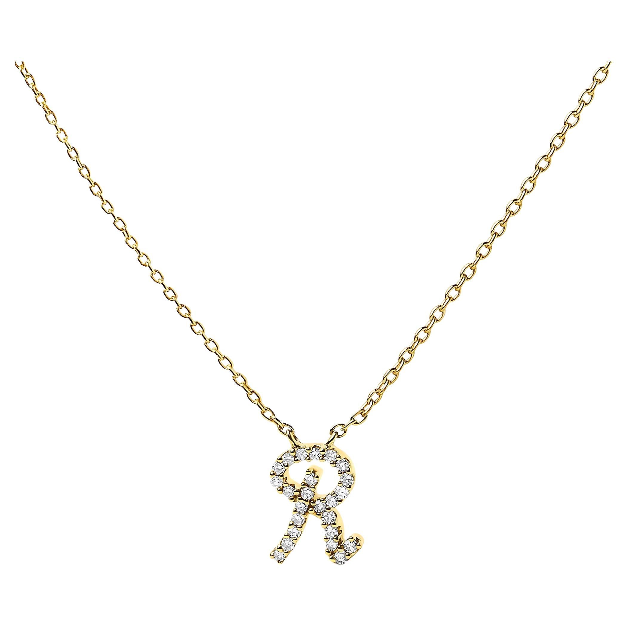 10K Yellow Gold Diamond Accent "R" Initial Script Style Pendant Necklace For Sale