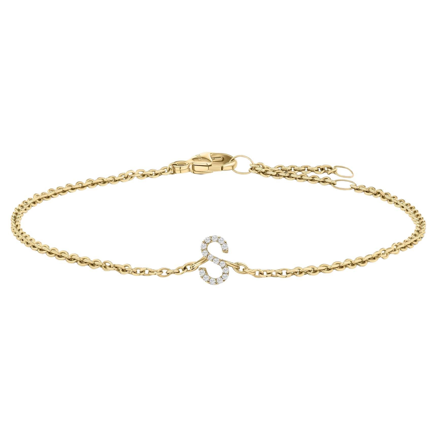 10K Yellow Gold Diamond Accent "S" Initial Charm and Link Bracelet For Sale