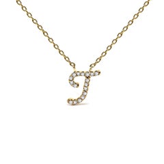 10K Yellow Gold Diamond Accent "T" Initial Script Style Pendant Necklace