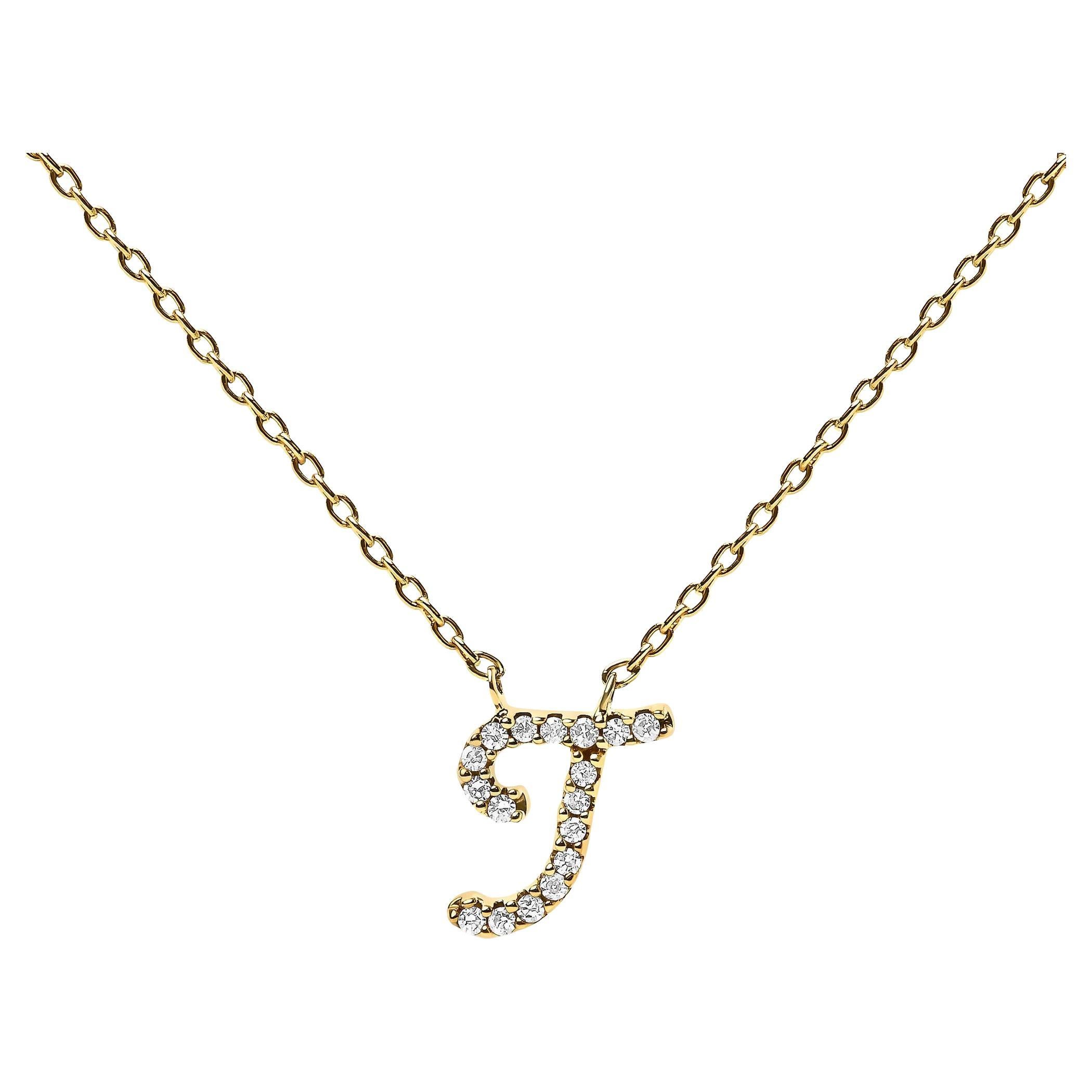 10K Yellow Gold Diamond Accent "T" Initial Script Style Pendant Necklace For Sale