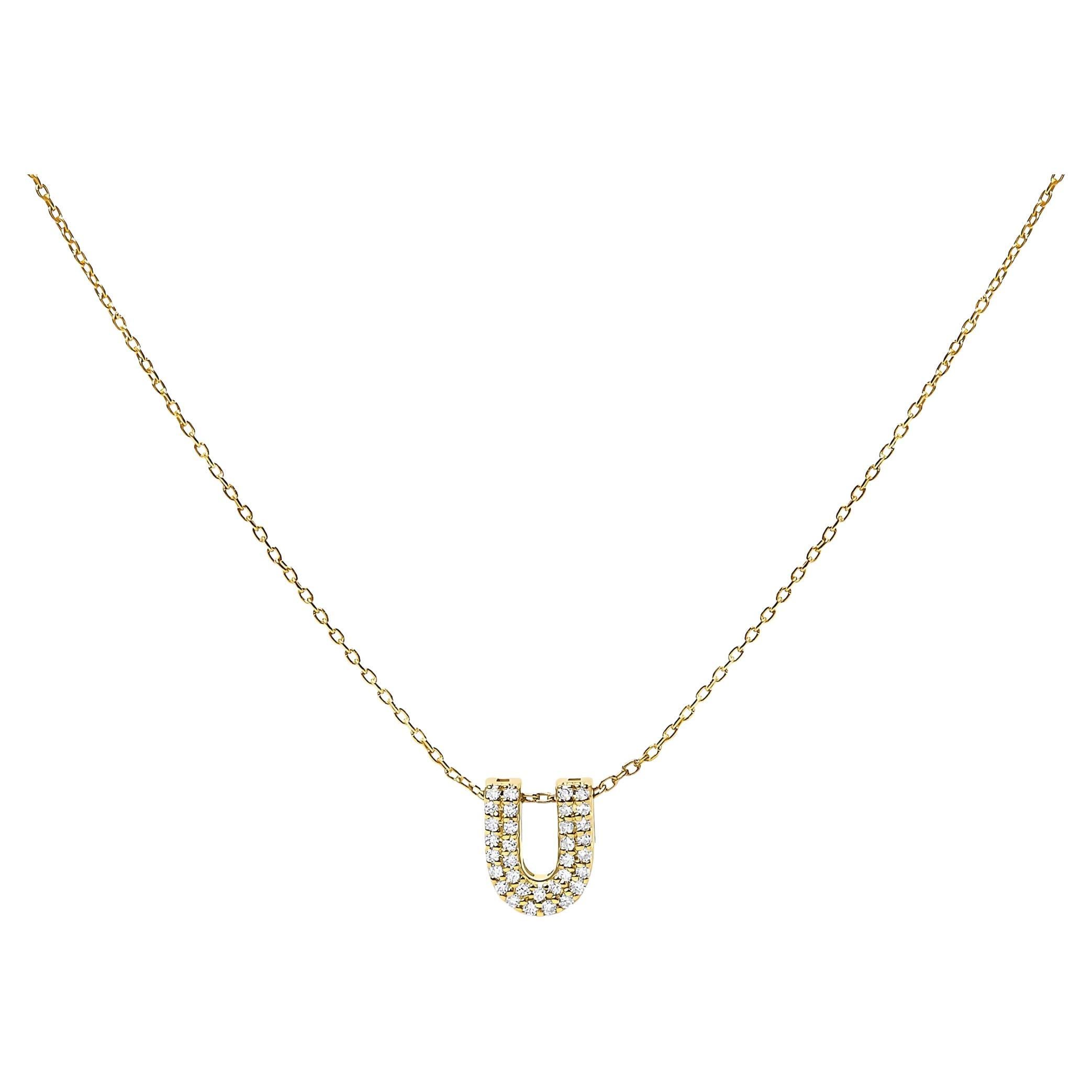 10K Yellow Gold Diamond Accent "U" Initial Bubble Pendant Necklace For Sale