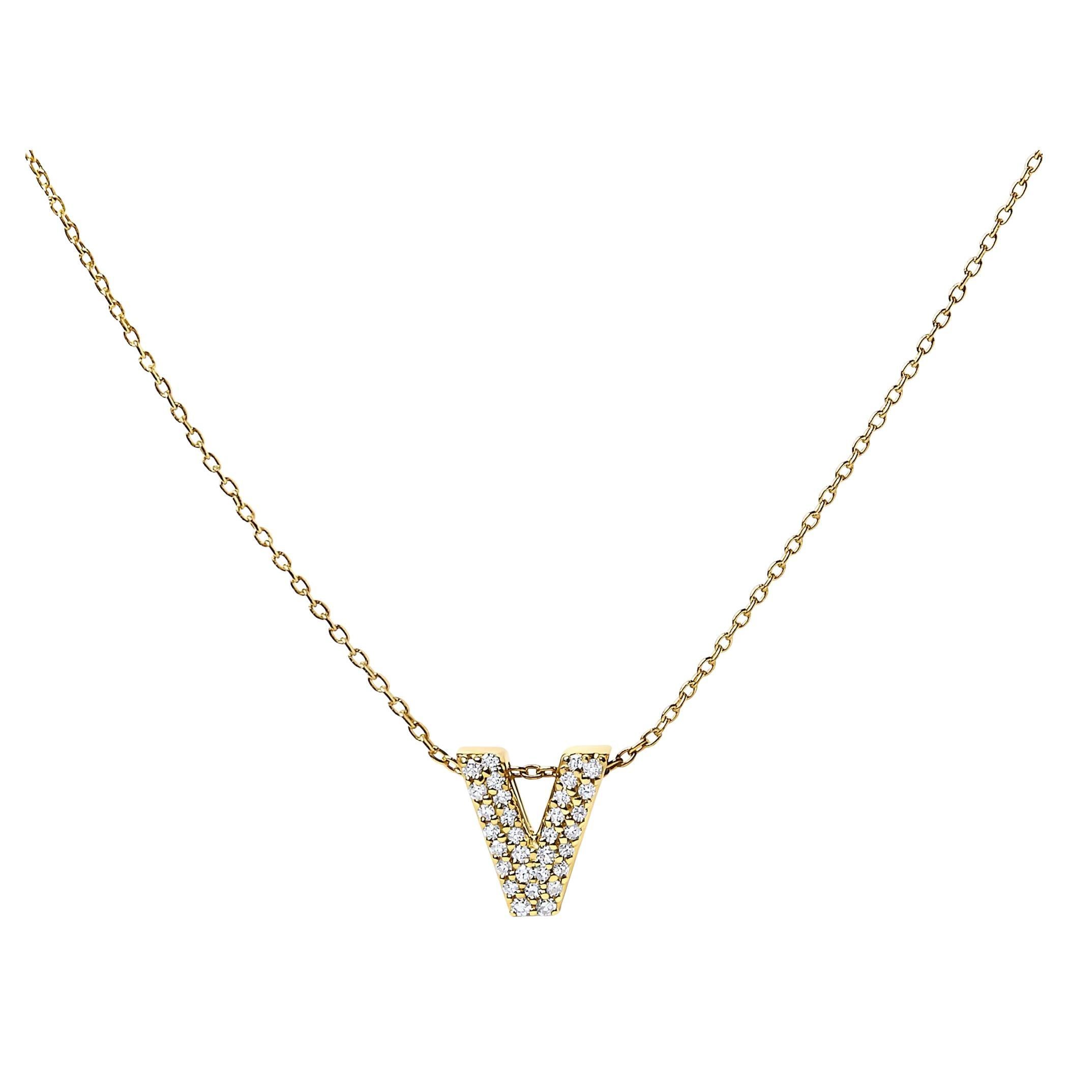 10K Yellow Gold Diamond Accent "V" Initial Bubble Pendant Necklace For Sale
