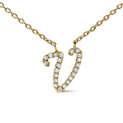 10K Yellow Gold Diamond Accent "V" Initial Script Style Pendant Necklace