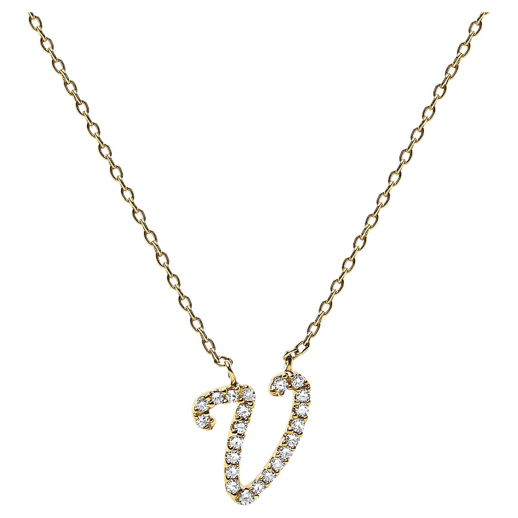 10K Yellow Gold Diamond Accent "V" Initial Script Style Pendant Necklace