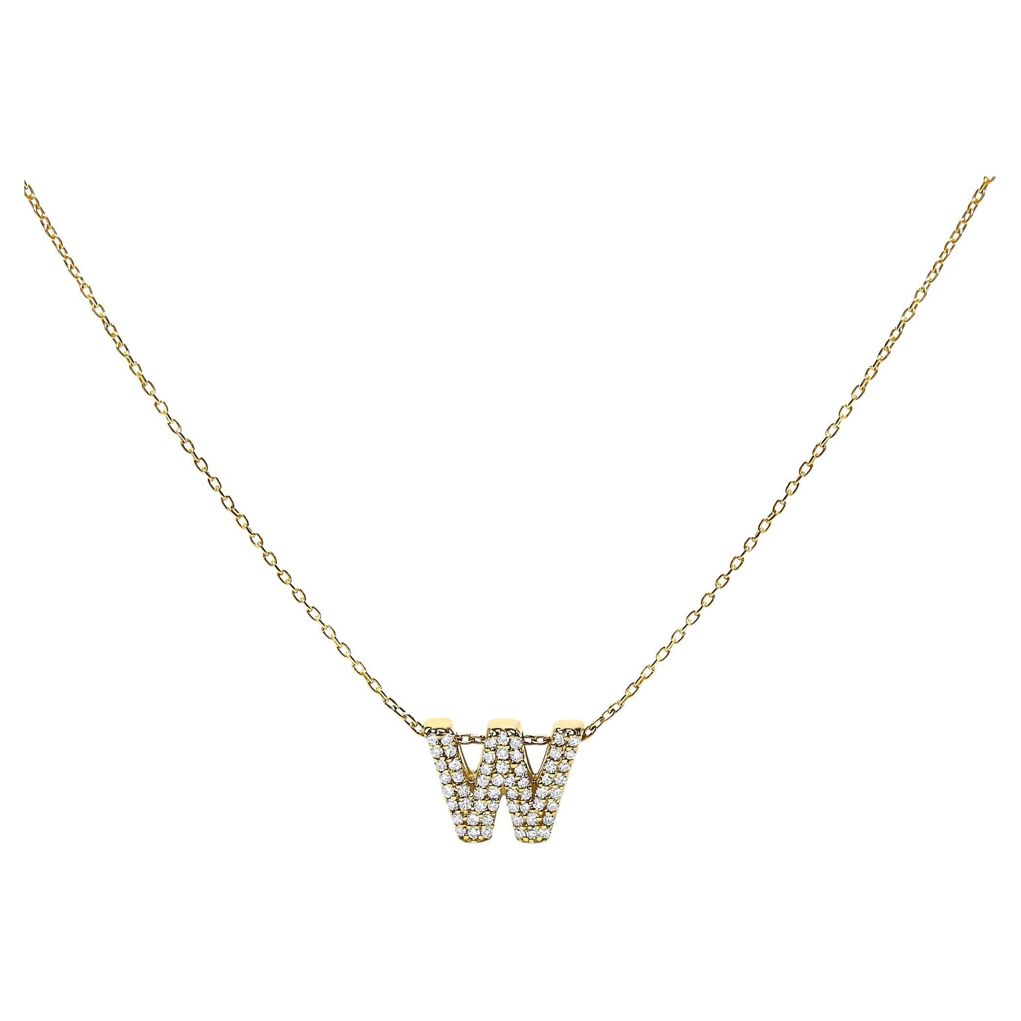 10K Yellow Gold Diamond Accent "W" Initial Bubble Pendant Necklace For Sale