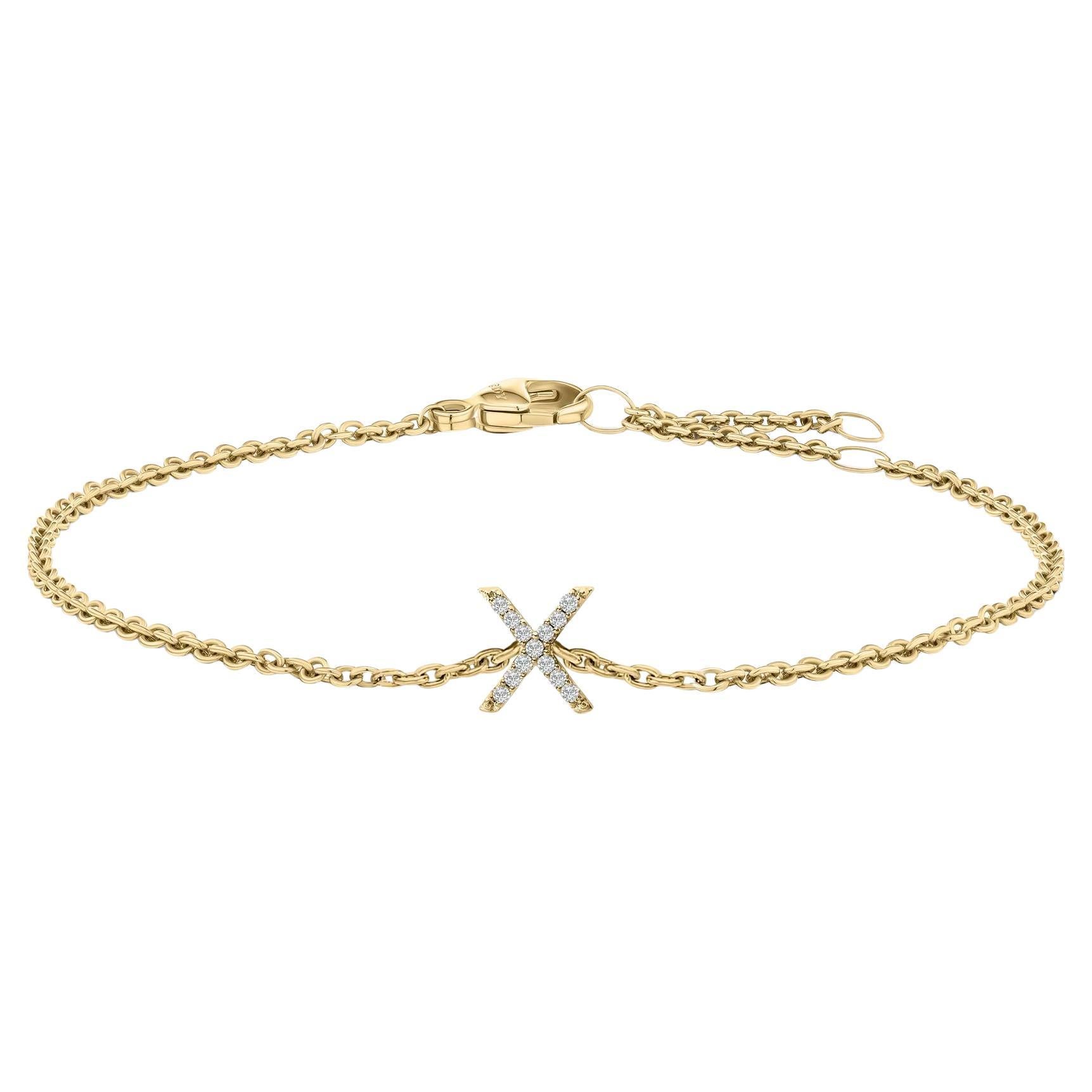 10K Yellow Gold Diamond Accent "X" Initial Charm and Link Bracelet For Sale