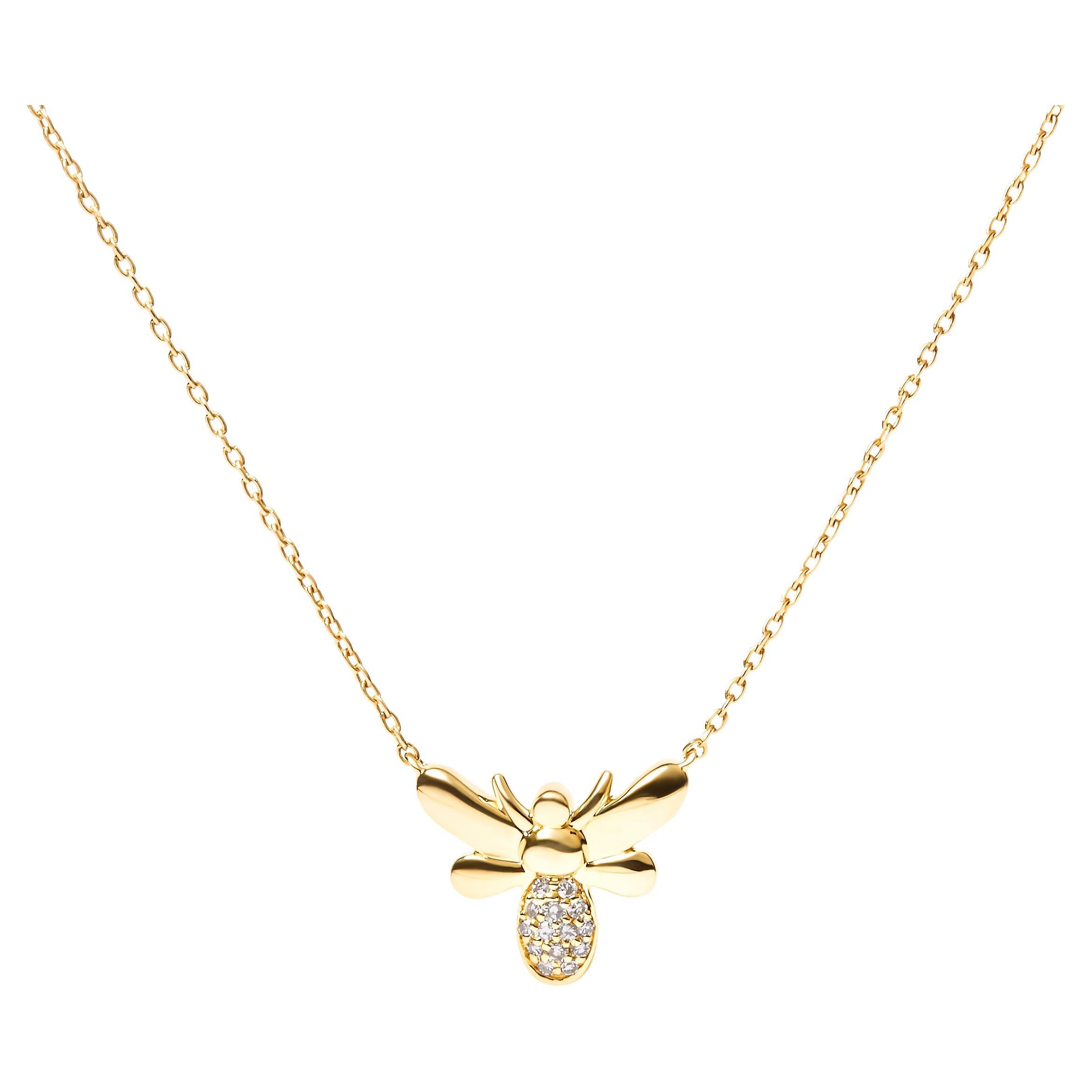10K Yellow Gold Diamond Accented Bumble Bee Pendant Necklace For Sale