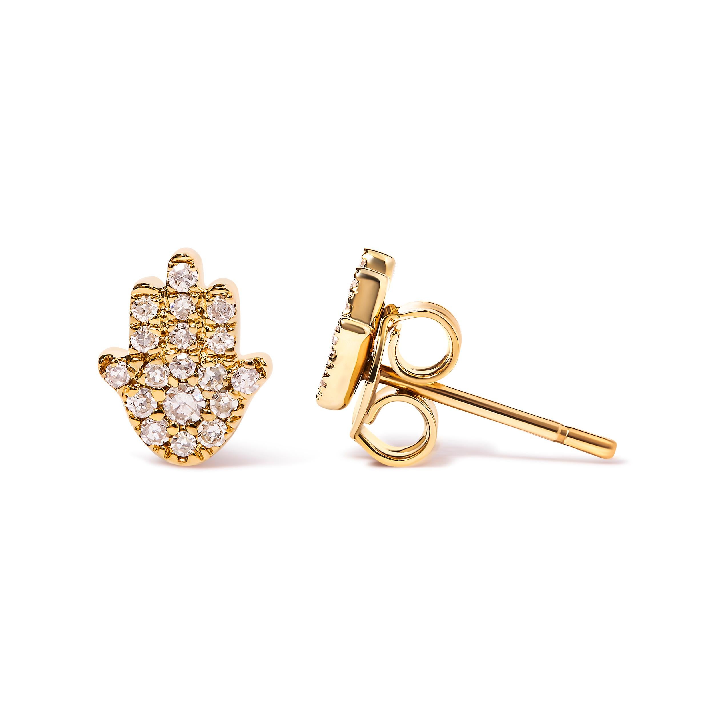 Modern 10K Yellow Gold Diamond Accented Hamsa Stud Earrings For Sale