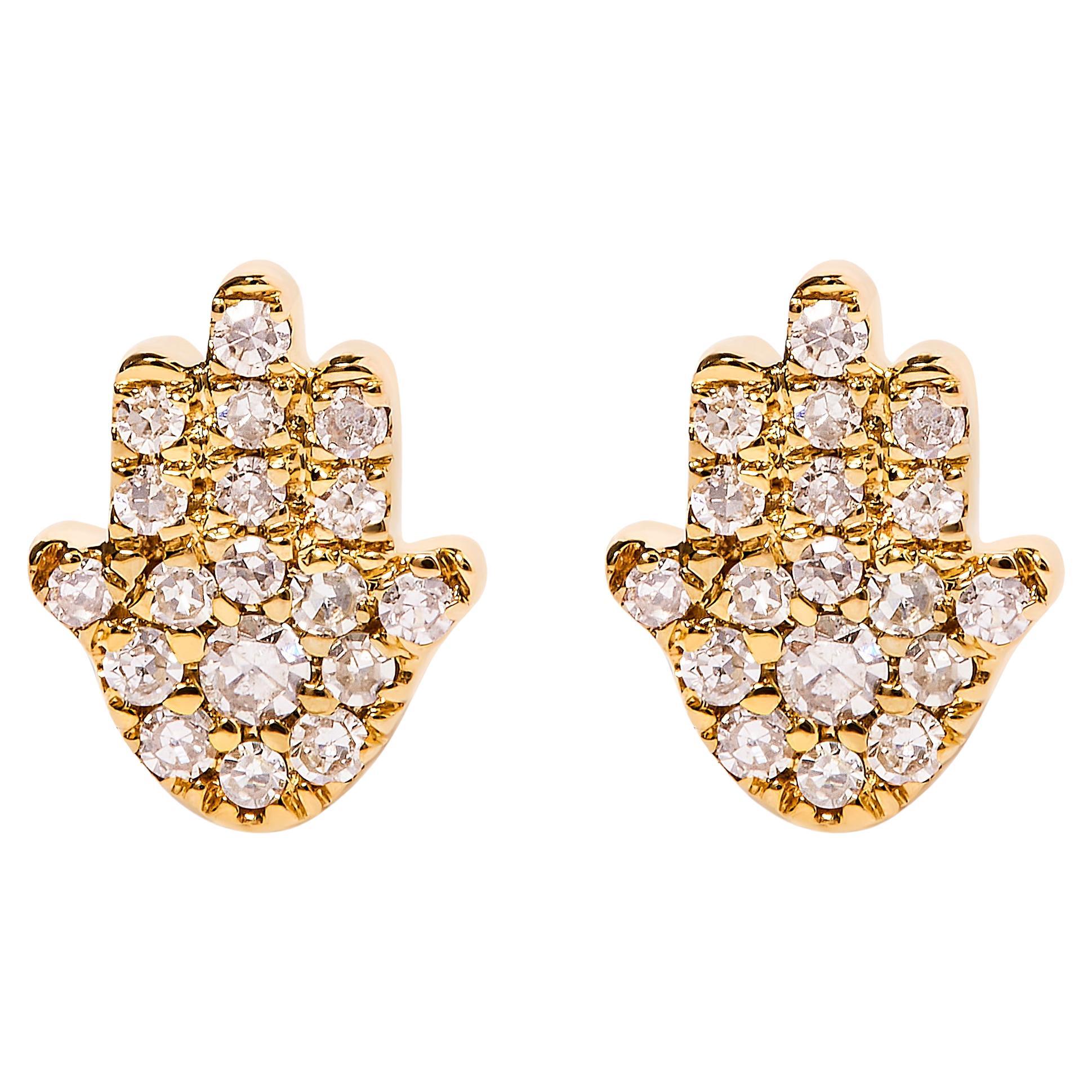 10K Yellow Gold Diamond Accented Hamsa Stud Earrings For Sale