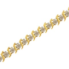 10K Yellow Gold Diamond Alternating Wave and Round Link Tennis Bracelet