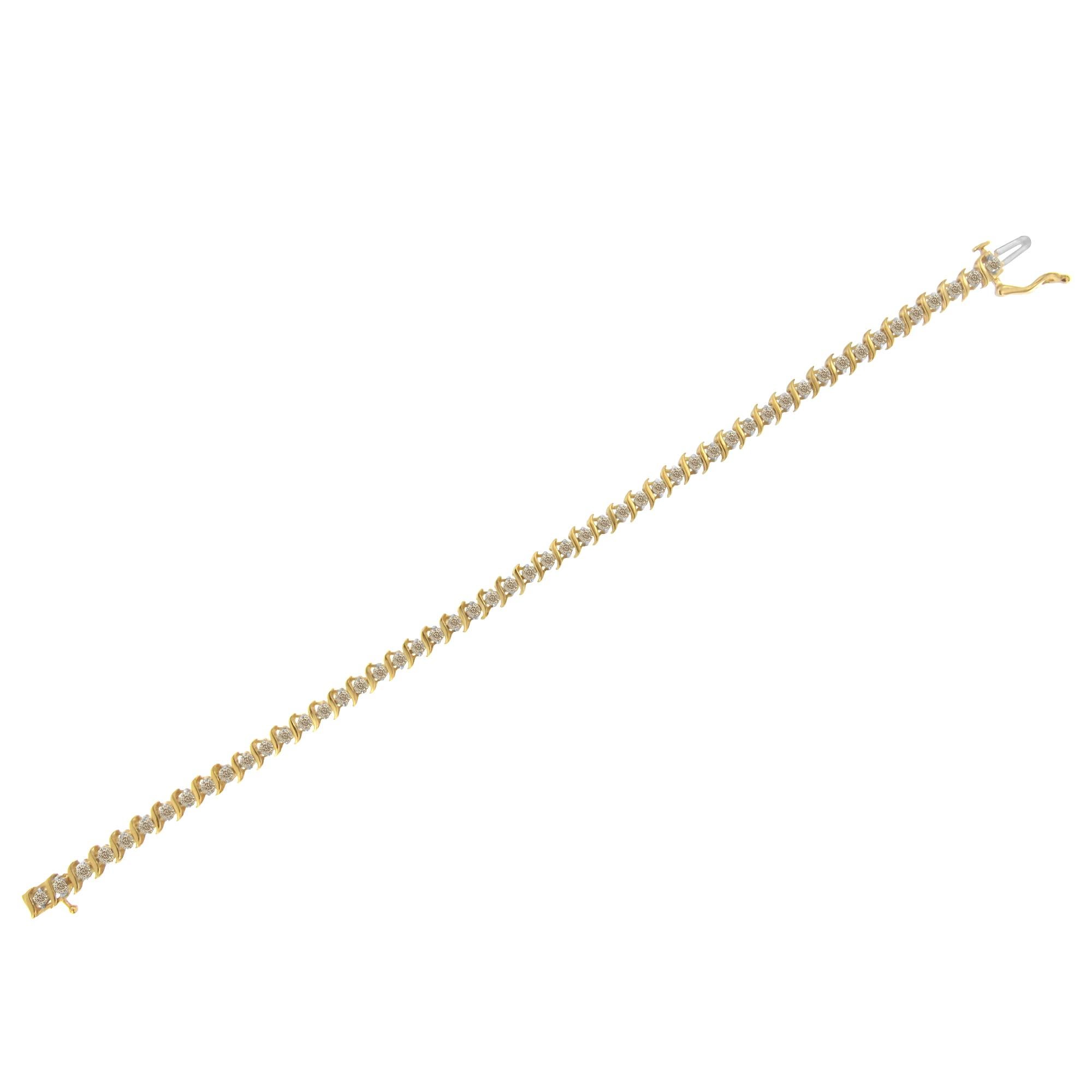 Taille ronde Bracelet tennis à maillons ronds et vagues alternées en or jaune 10 carats et diamants en vente
