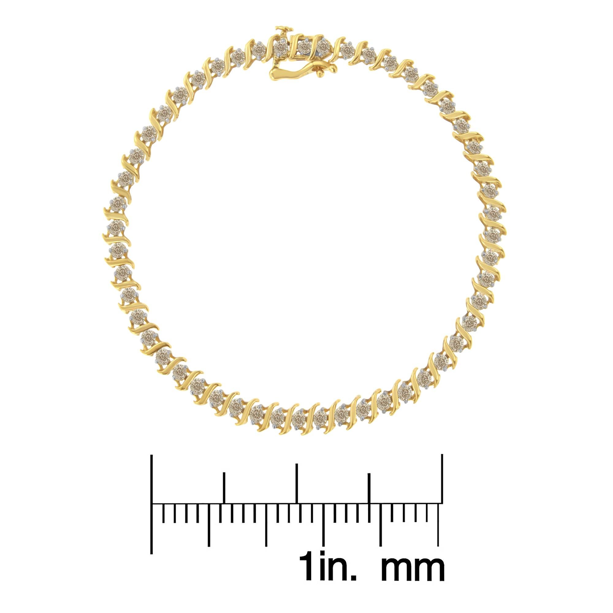 Bracelet tennis à maillons ronds et vagues alternées en or jaune 10 carats et diamants Pour femmes en vente