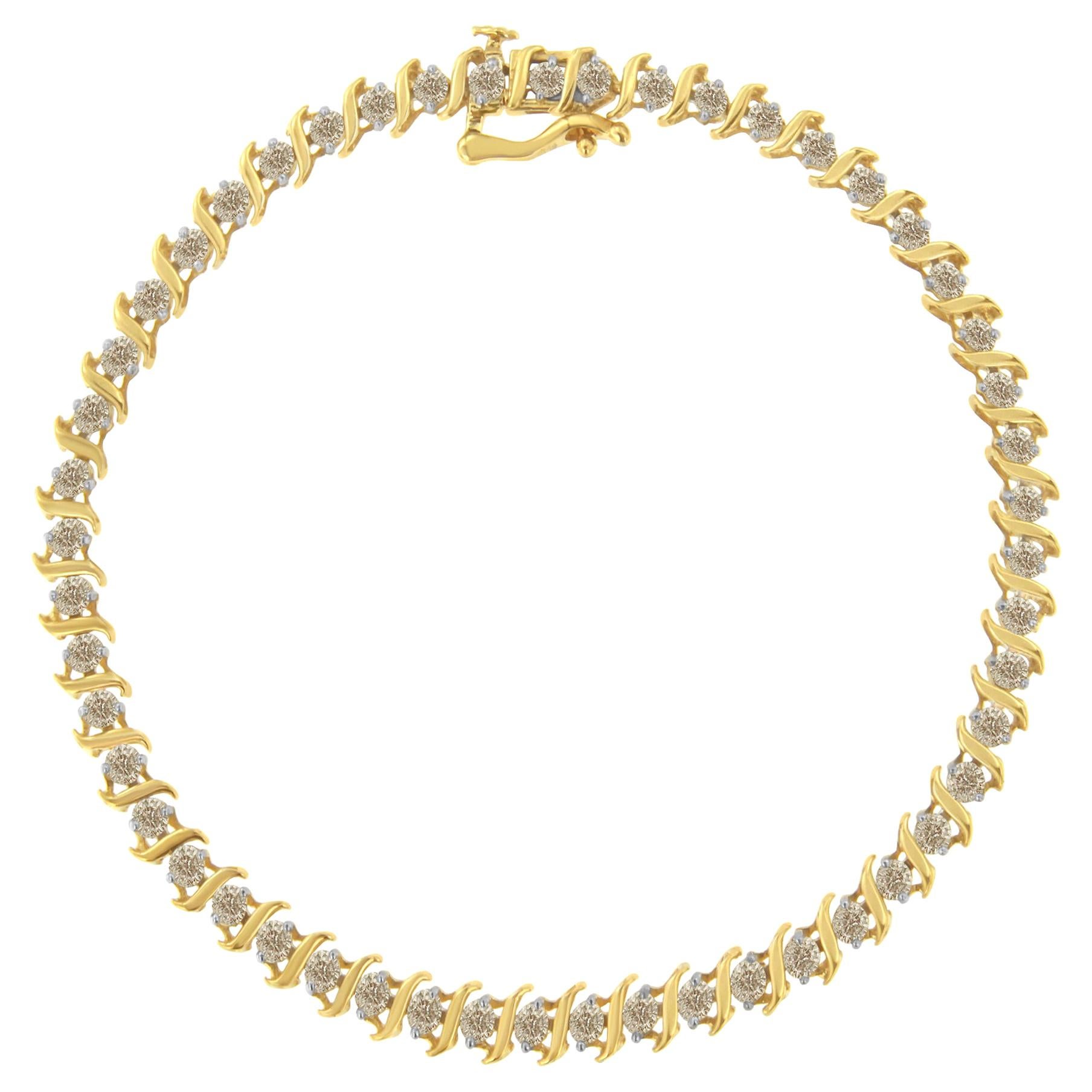 10K Gelbgold Diamant-Tennisarmband mit abwechselnd Wellenform und rundengliedern