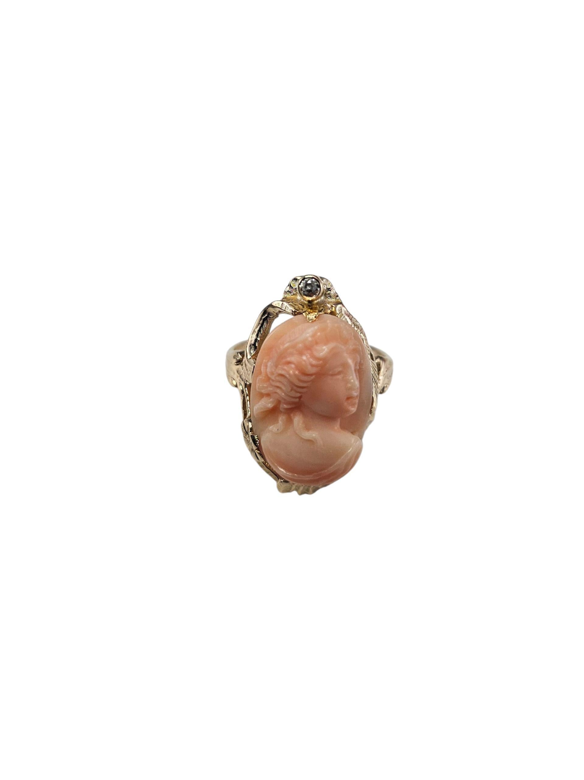 Anello con cammeo di diamanti in oro giallo 10K misura 6,5 #23639 in vendita