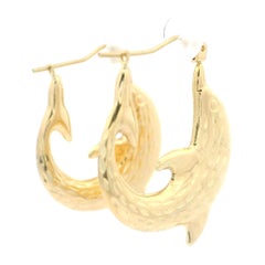 10k Yellow Gold Diamond Cut Detailed Textured Dolphin Hoop Snap Earrings