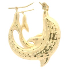 10k Yellow Gold Diamond Cut Detailed Textured Dolphin Hoop Snap Earrings