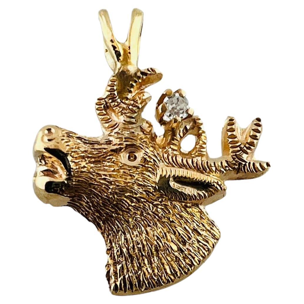 10K Yellow Gold Diamond Deer Head Charm Pendant #15997 For Sale
