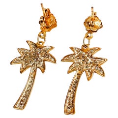 10K Gelbgold Diamant Pave Dangle Palm Tree Ohrringe w 14k Gold Backs