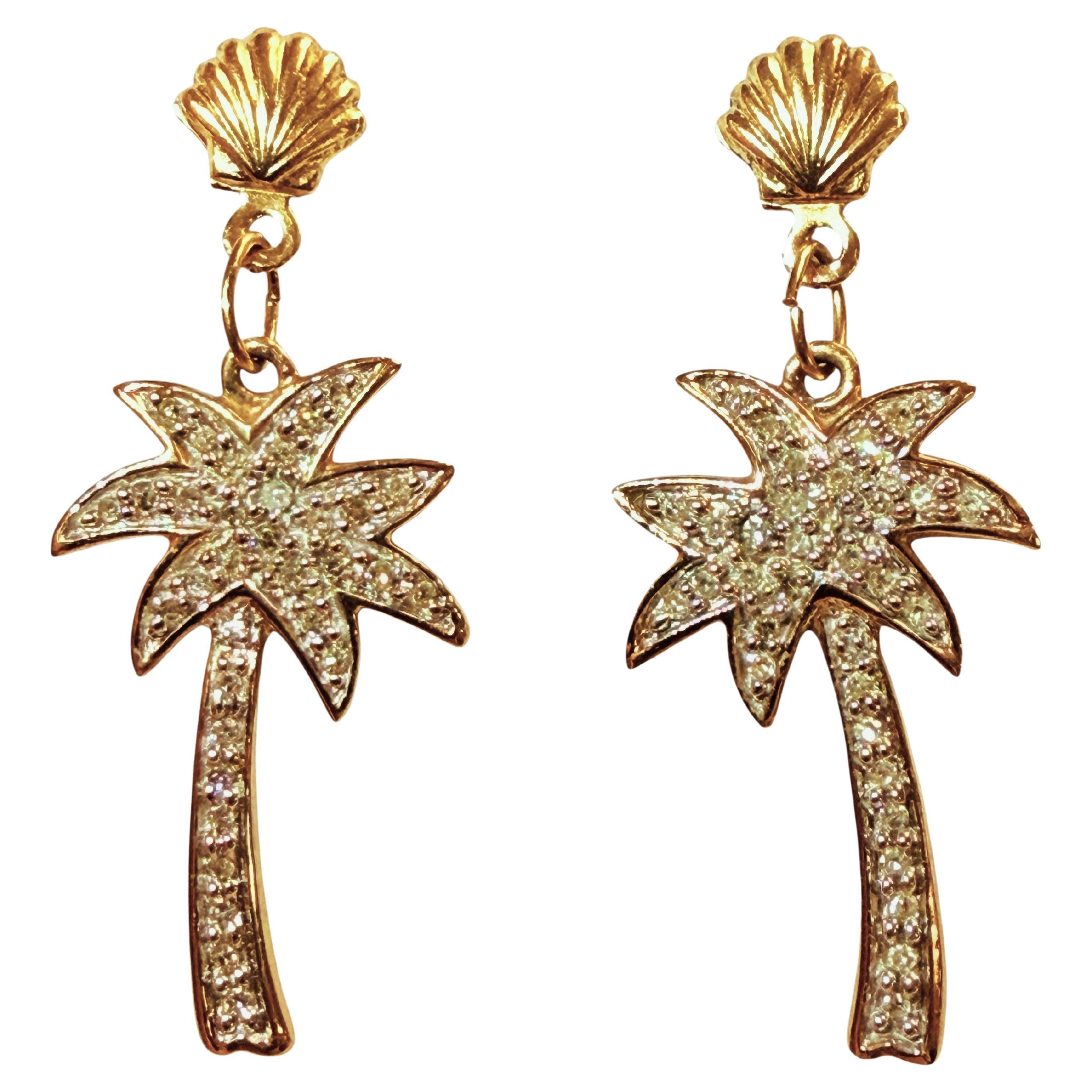 Boucles d'oreilles palmier en or jaune 10K avec diamants en pavé et dos en or 14k