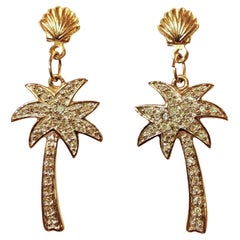 10K Yellow Gold Diamond Pave Dangle Palm Tree Earrings w 14k Gold Backs