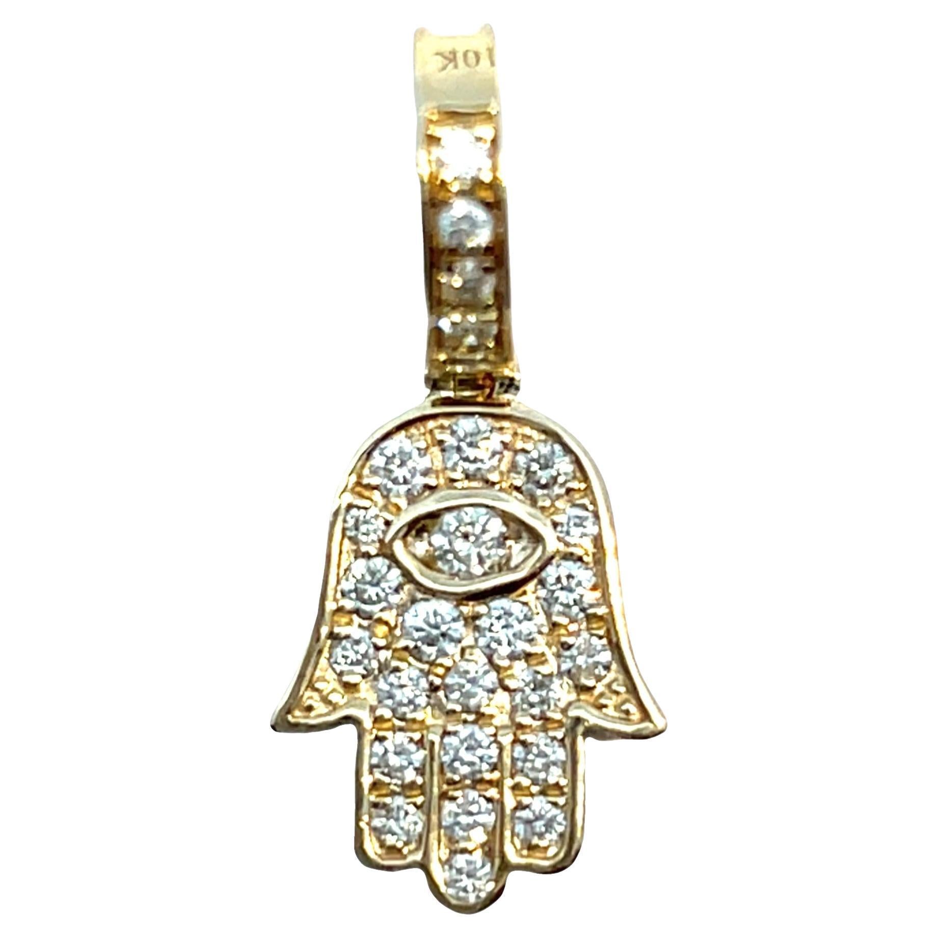 Solid Yellow Gold Diamond Studded Hamsa Pendant Charm For Sale