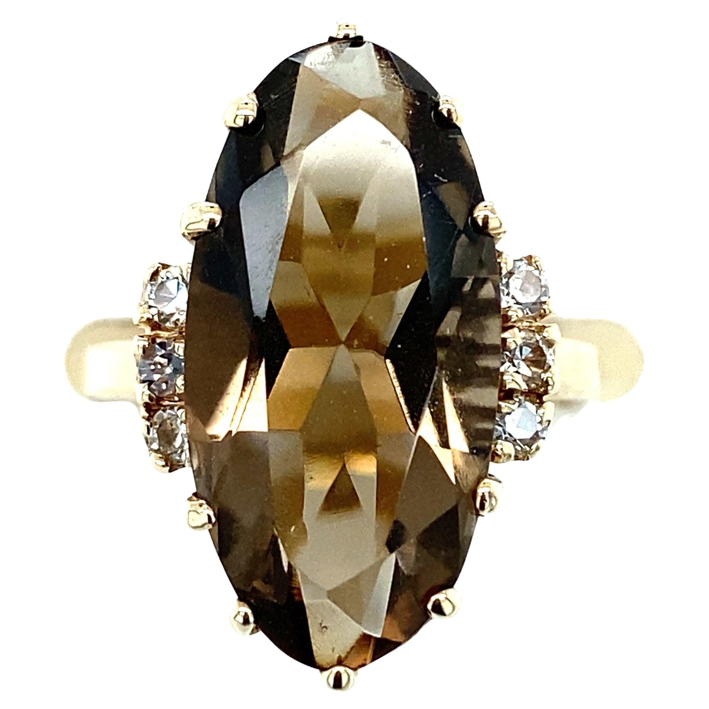 10k Gelbgold länglicher ovaler Rauchquarz- und Diamantring 1970er Jahre