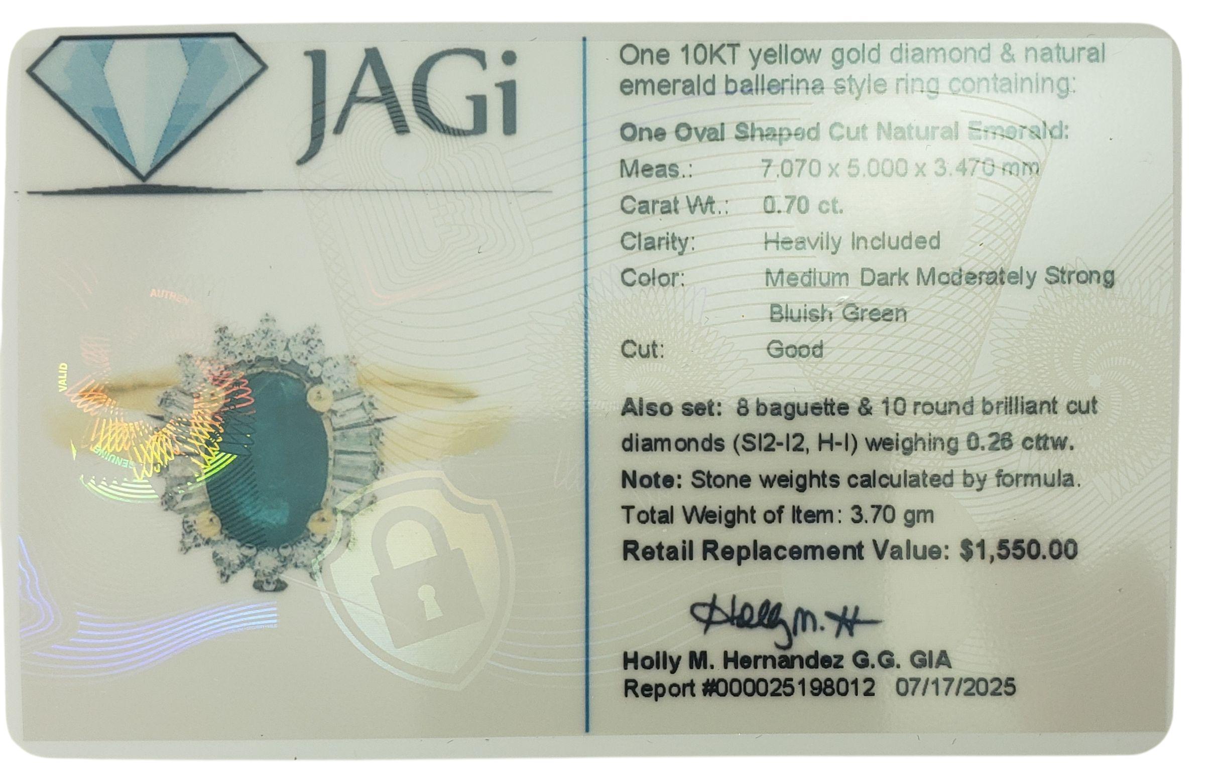 10K Yellow Gold Emerald and Diamond Ring Size 8 JAGi Certified #22663 en vente 2