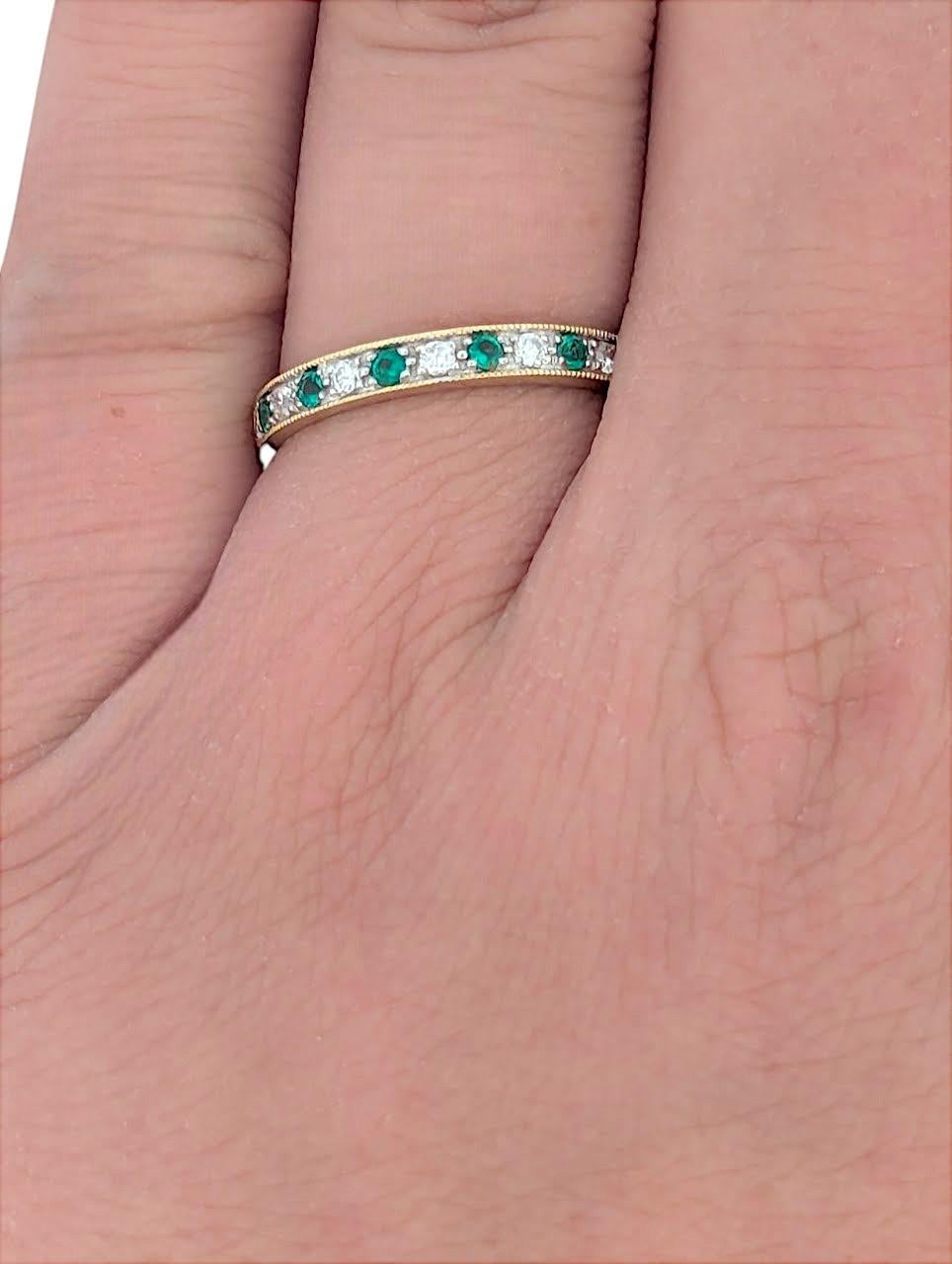Modern Wren  10K Yellow Gold Emerald & Diamond Band, Dainty Gold Ring, May Birthstone For Sale
