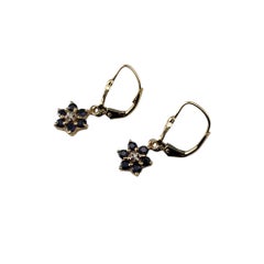 10K Yellow Gold Faceted Blue Stone and Diamond Flower Dangle Earrings #20975