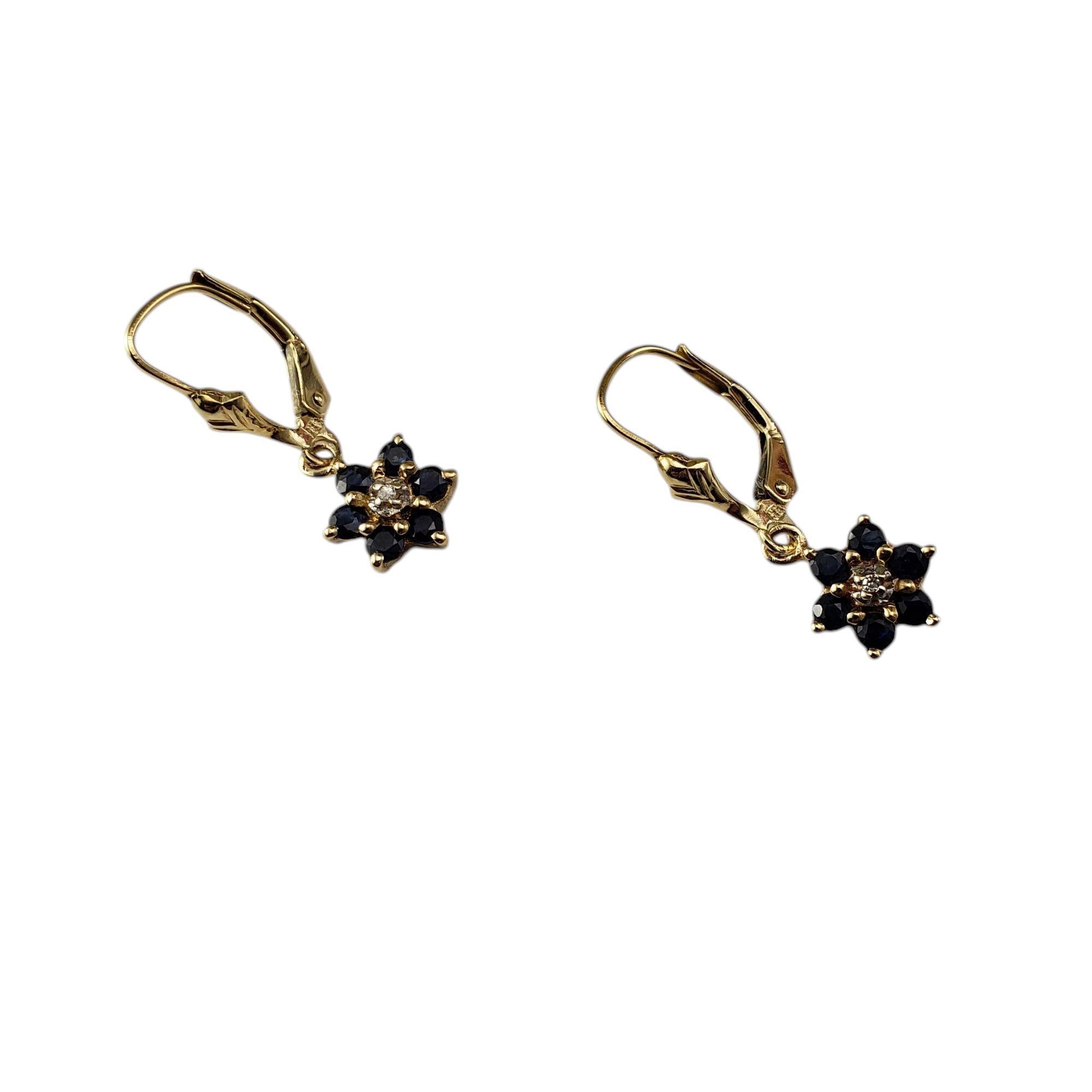 Single Cut 10K Yellow Gold Faceted Blue Stone and Diamond Flower Dangle Earrings #20975 For Sale