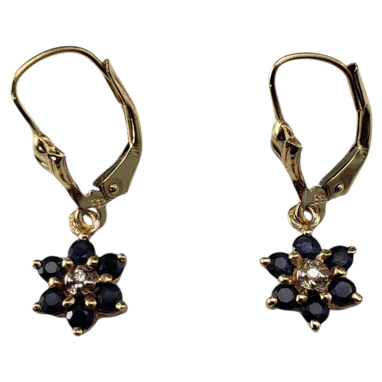 10K Yellow Gold Faceted Blue Stone and Diamond Flower Dangle Earrings #20975 For Sale