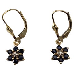 10K Yellow Gold Faceted Blue Stone and Diamond Flower Dangle Earrings #20975