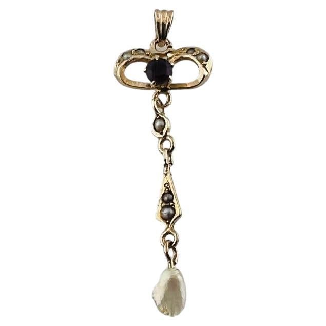 10K Yellow Gold Faceted Purple Stone and Pearl Dangle Pendant #15995 For Sale