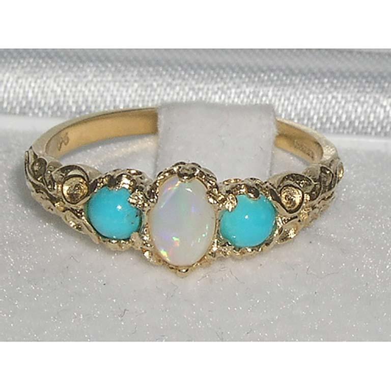 For Sale:  10K Yellow Gold Fiery Opal & Turquoise Victorian Style Trilogy Ring 2