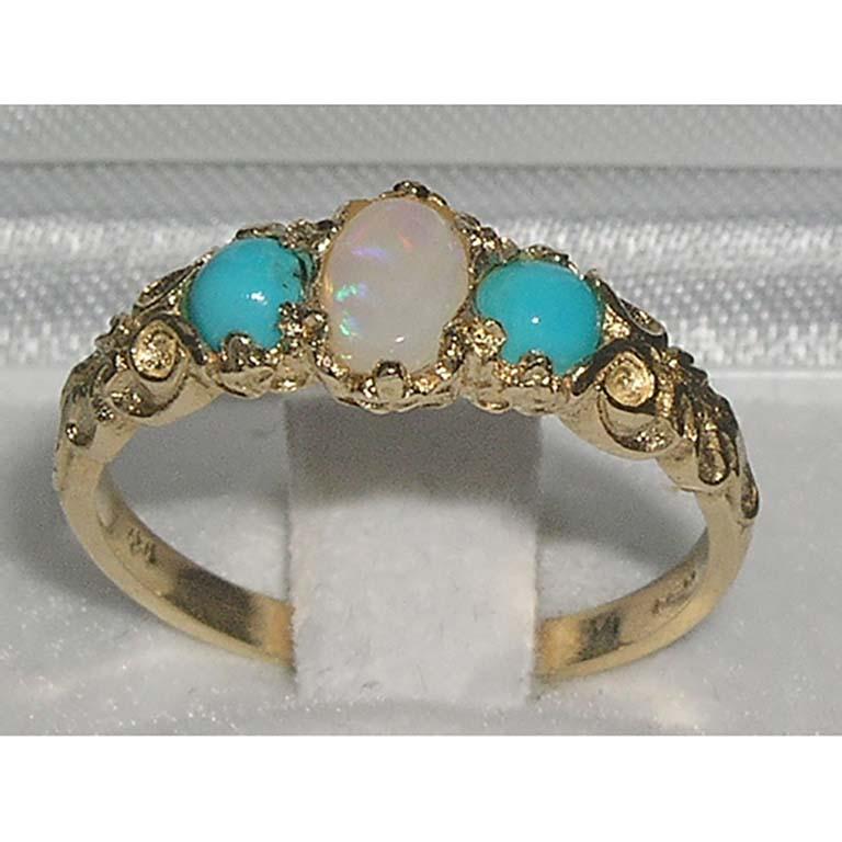 Im Angebot: 10K Gelbgold Trilogy-Ring mit feurigem Opal und Türkis im viktorianischen Stil () 3