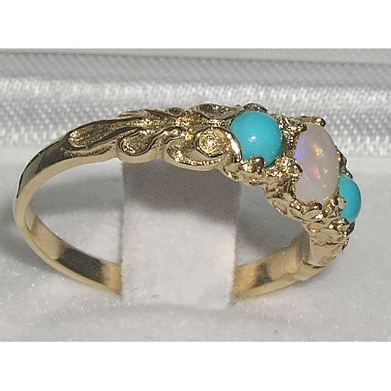 For Sale:  10K Yellow Gold Fiery Opal & Turquoise Victorian Style Trilogy Ring 4