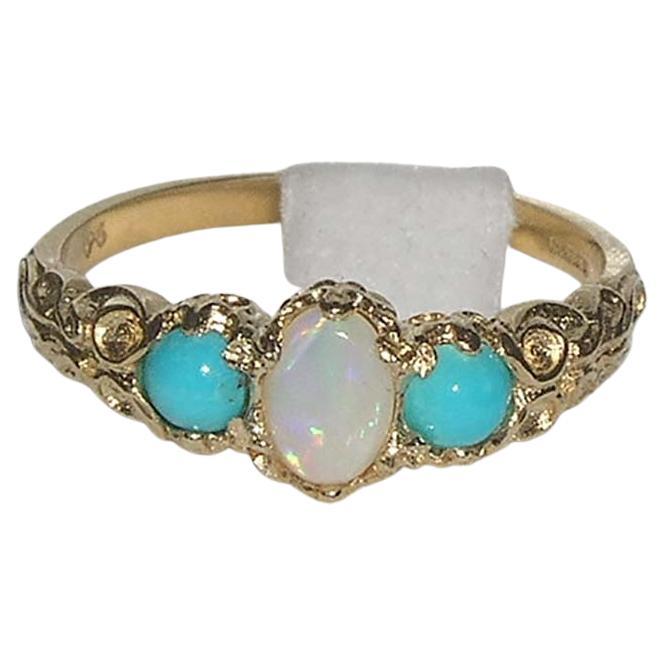 For Sale:  10K Yellow Gold Fiery Opal & Turquoise Victorian Style Trilogy Ring