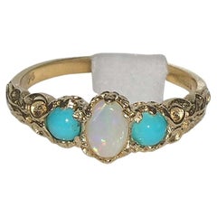 10K Yellow Gold Fiery Opal & Turquoise Victorian Style Trilogy Ring
