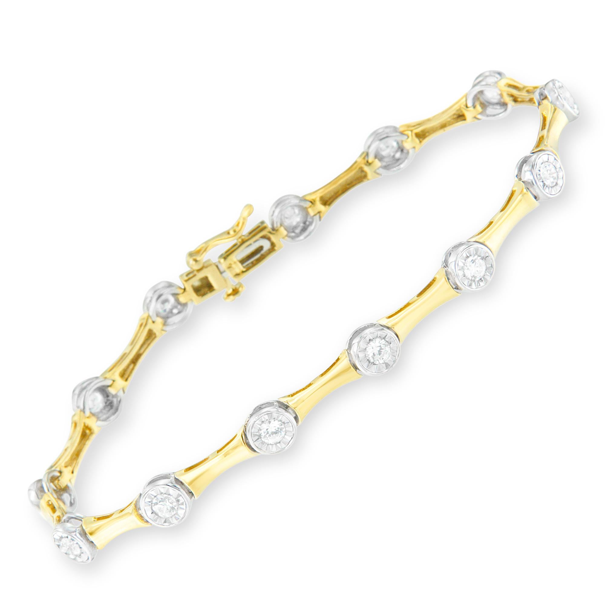 Introducing a breathtaking masterpiece that will captivate every eye it adorns. Crafted with love, this 10K Yellow Gold Flashed .925 Sterling Silver Miracle Set Round-Cut Diamond Bezel Style Link Bracelet is a true testament to elegance and grace.