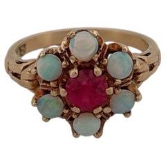 10K Yellow Gold Floral Ruby and Opal Cluster Ring Prong Set