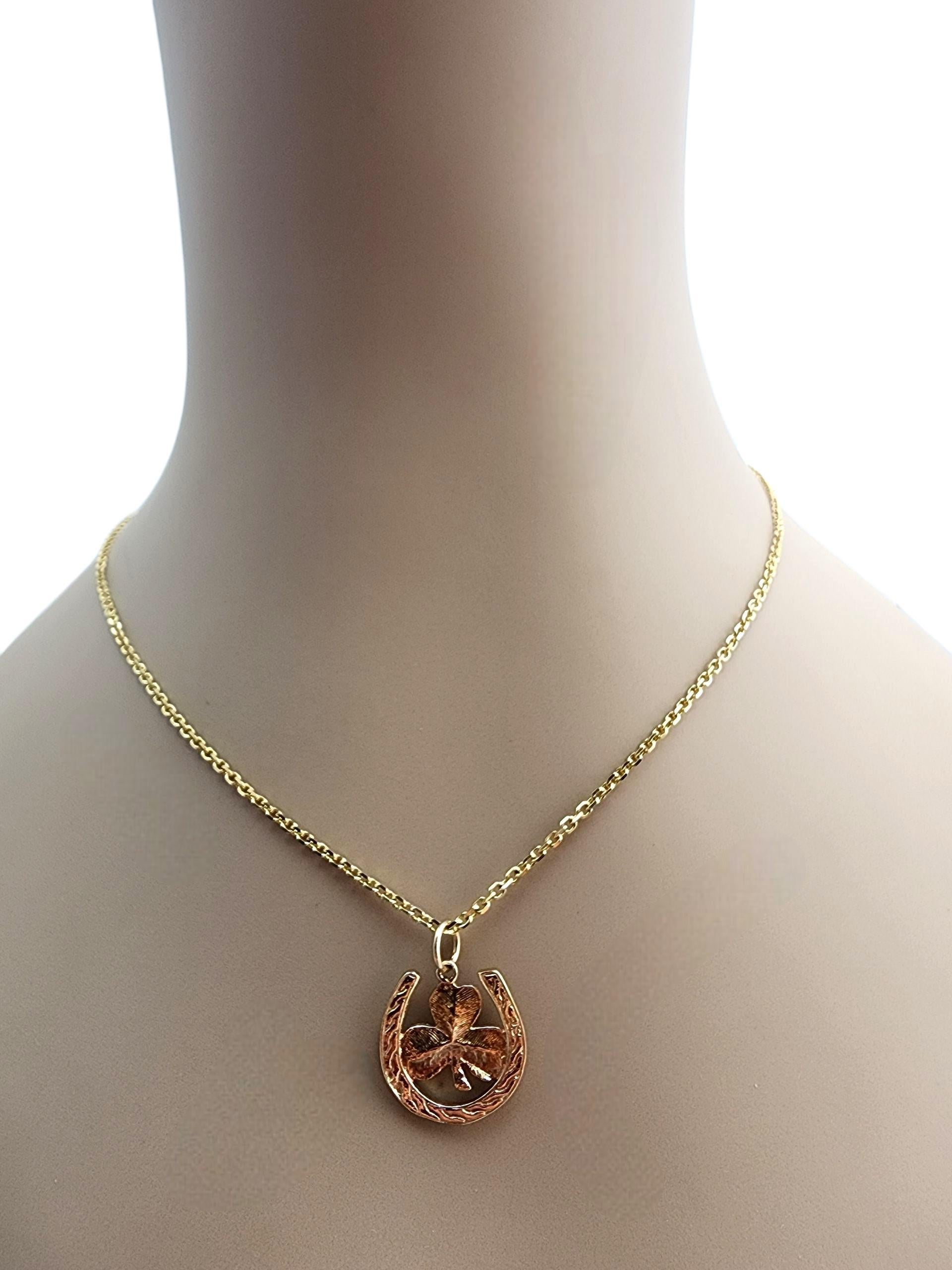 10K Yellow Gold Four Leaf Clover & Horseshoe Pendant #22744 For Sale 3