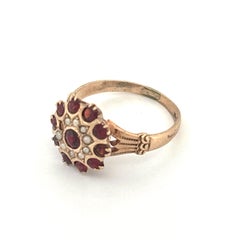 10K Yellow Gold Garnet and Seed Pearl Floral Cluster Ring
