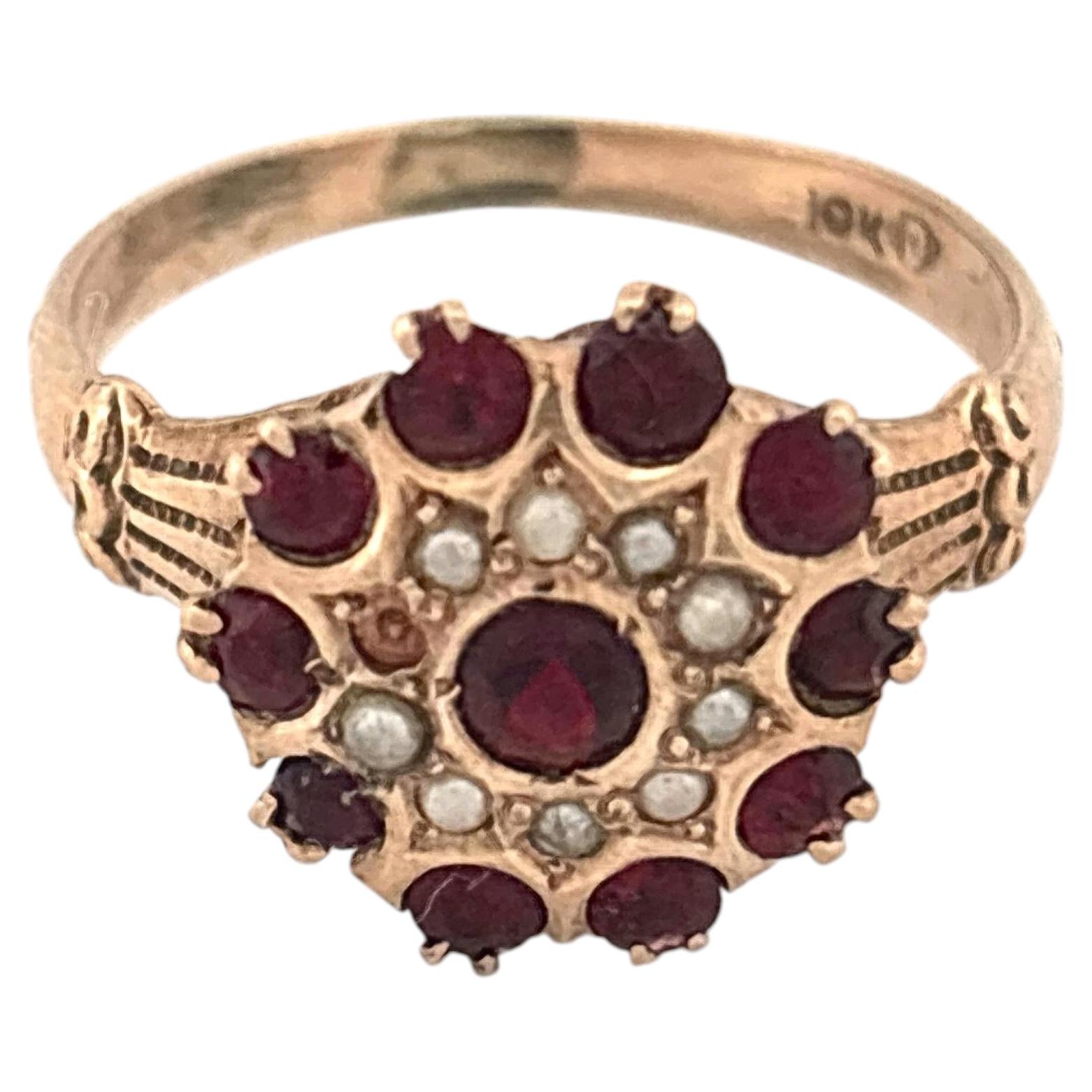 Bague en or jaune 10K grenat et perles de rocaille avec grappe florale
