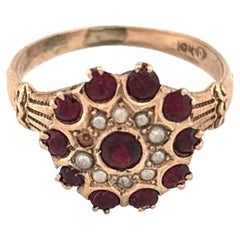 10K Yellow Gold Garnet and Seed Pearl Floral Cluster Ring